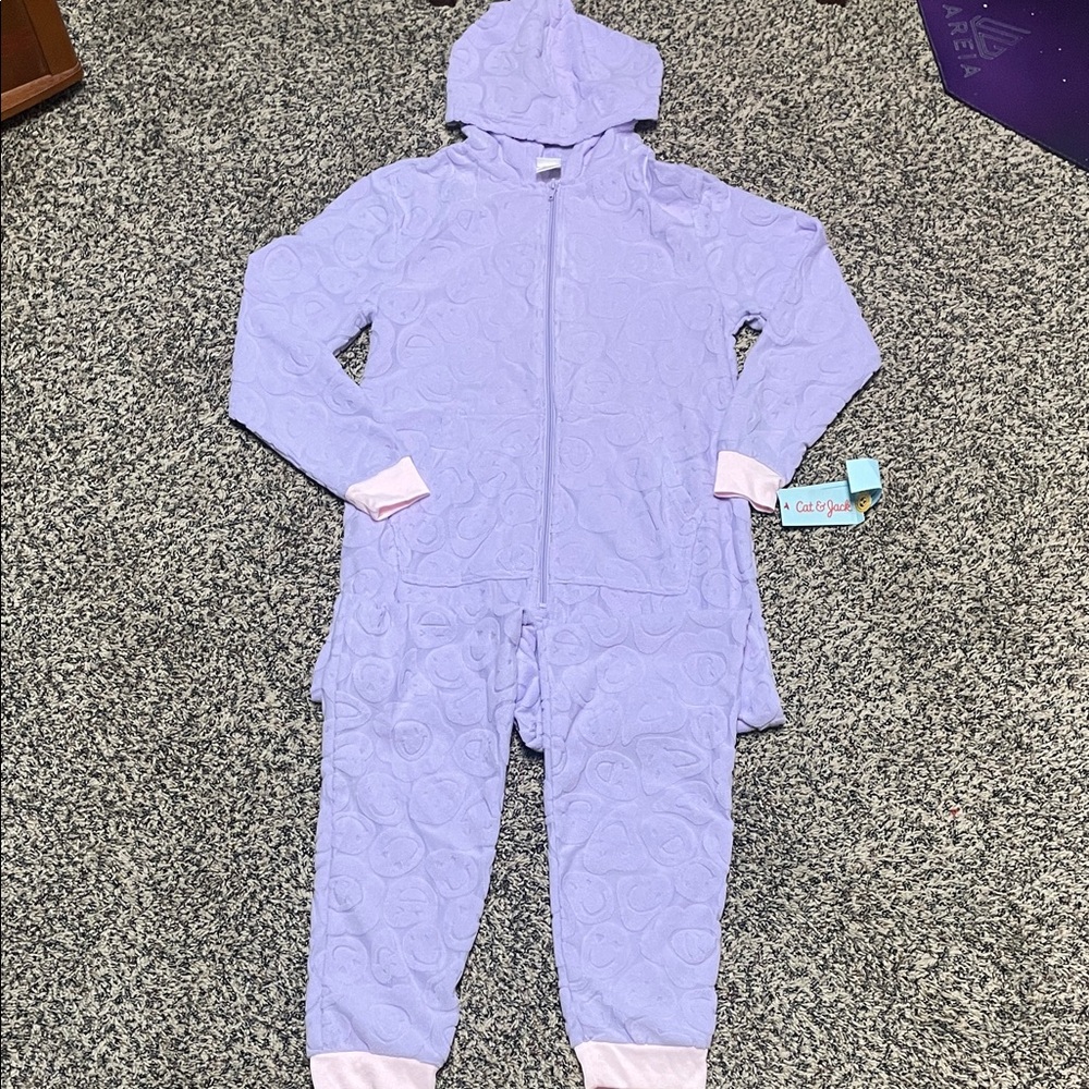 Cat and Jack, girls purple and pink, one piece pajamas, smile face texture,hood